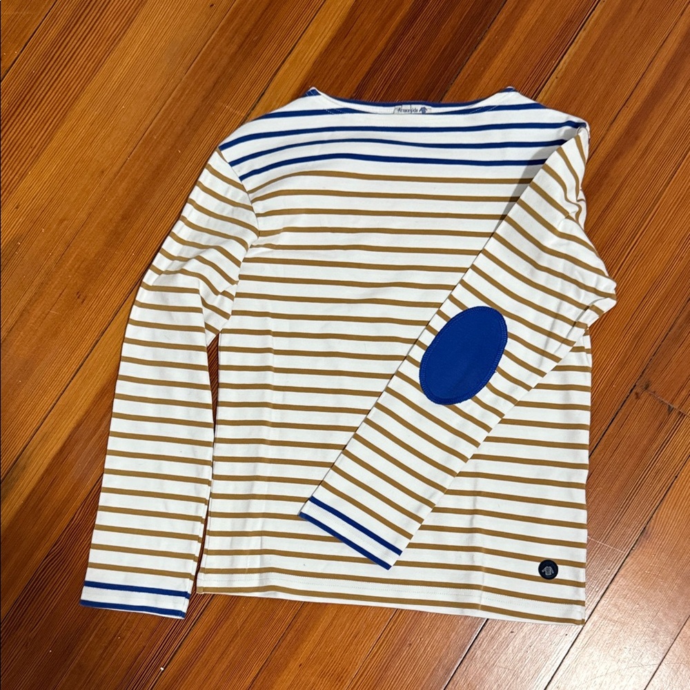 Amor and Lux White and Brown Striped Long Sleeve Tee with Blue Elbow Patch